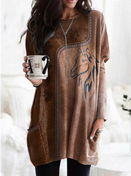 

Horse Loose Crew Neck Casual Dress, Brown, Dresses