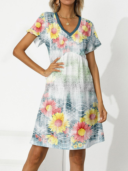 

Floral Casual V Neck Dress, Multicolor, Dresses
