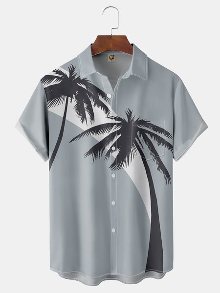 

Coconut Tree Chest Pocket Short Sleeve Hawaiian Shirt, Gray, Men Shirts
