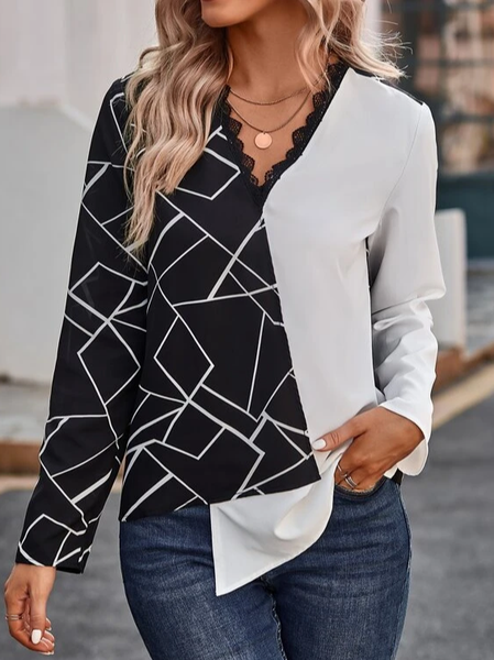 

V Neck Loose Casual Cotton-Blend Blouse, Black-white, Blouses & Shirts
