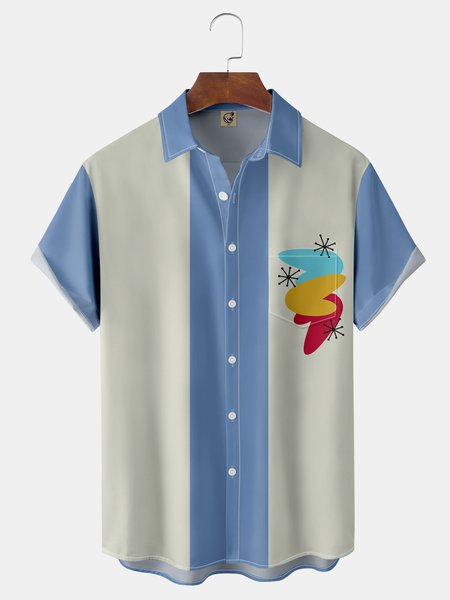 

Mid Century Geometric Patterns Chest Pocket Short Sleeve Bowling Shirt, Blue, Men Shirts