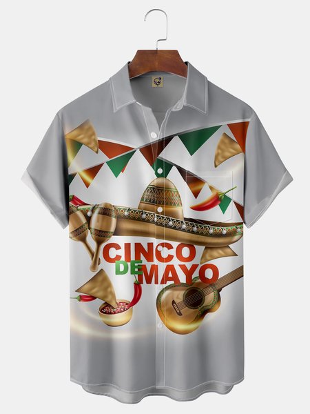 

Cinco de Mayo Chest Pocket Short Sleeve Shirt, Gray, Men Shirts