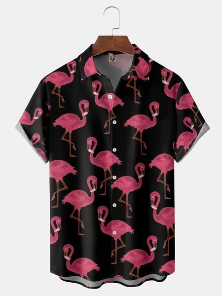 

Flamingo Chest Pocket Short Sleeve Hawaiian Shirt, Black, Men Shirts