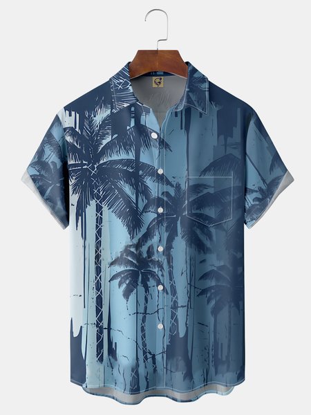 

Palm Tree Chest Pocket Short Sleeve Hawaiian Shirt, Blue, Men Shirts