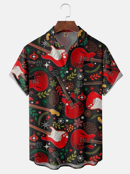 

Guitar Chest Pocket Short Sleeve Shirt, Black, Men Shirts