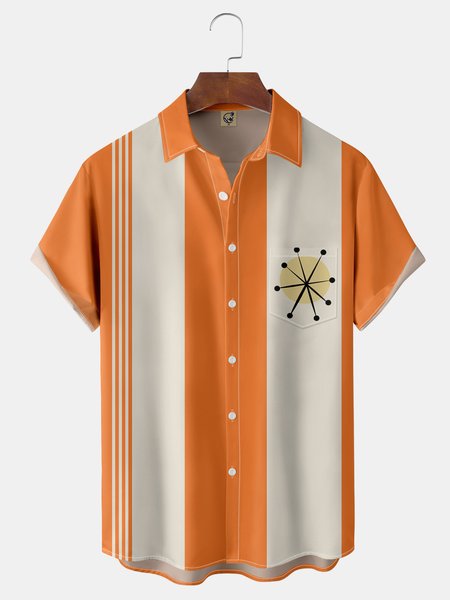 

Mid Century Geometric Patterns Chest Pocket Short Sleeve Bowling Shirt, Orange red, Men Shirts