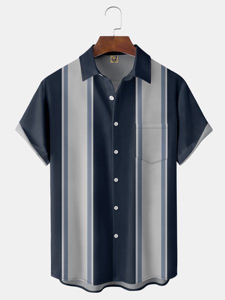 

Geometric Stripe Chest Pocket Short Sleeve Bowling Shirt, Deep blue, Men Shirts