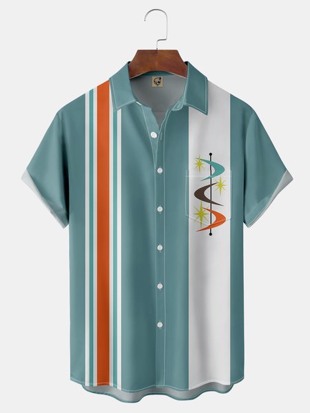 

Mid Century Geometry Chest Pocket Short Sleeve Bowling Shirt, Blue, Men Shirts