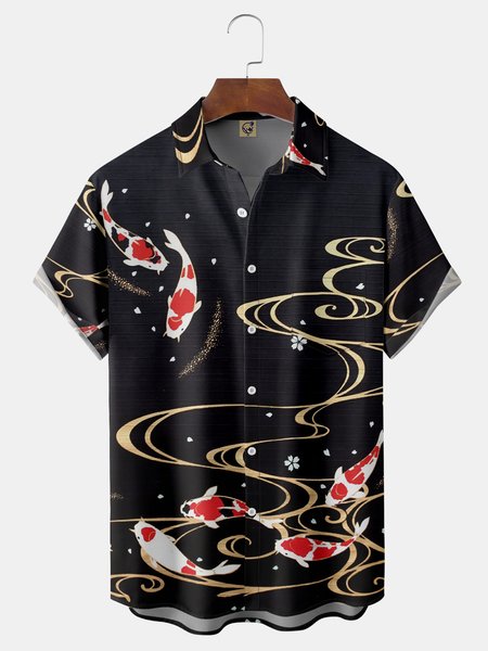

Japanese Koi Chest Pocket Short Sleeve Shirt, Black, Men Shirts