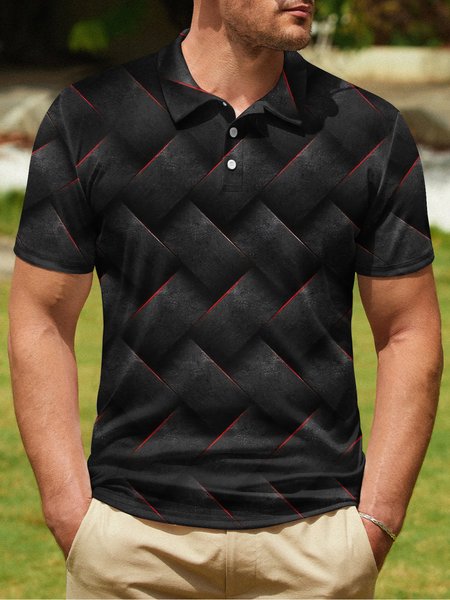 

3D Geometric Button Short Sleeve Polo Shirt, Black, Polo Shirts