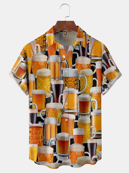 

Beer Chest Pockets Short Sleeve Hawaiian Shirts, Yellow, Men Shirts
