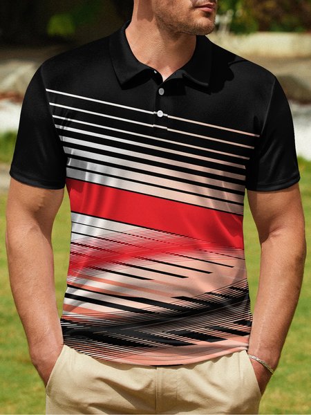 

Geometric Abstract Line Button Short Sleeve Golf PoLo Shirt, Black, Polo Shirts