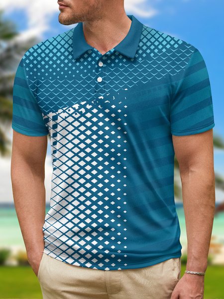 

Geometric Color Block Button Short Sleeve Golf PoLo Shirt, Lake blue, Polo Shirts