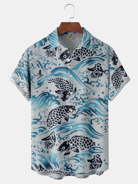 

Japanese Koi Chest Pocket Short Sleeve Hawaiian Shirt, Blue, Men Shirts