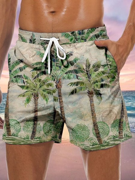 

Coconut Tree Drawstring Beach Shorts, Green, Men's shorts