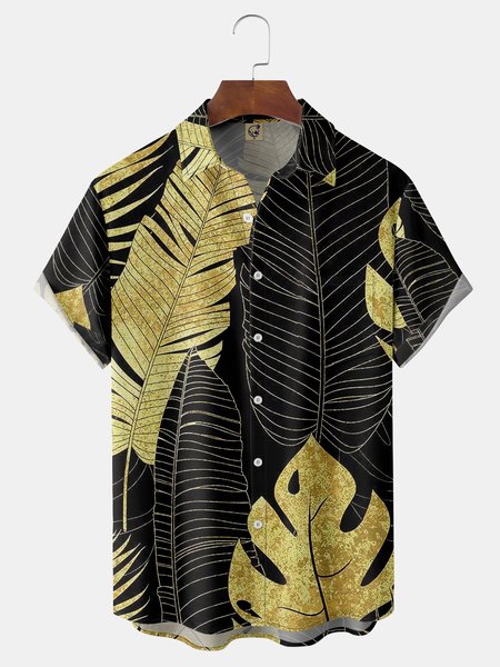 

Gradient Black Gold Plant Leaves Chest Pocket Short Sleeve Hawaiian Shirt, Men Shirts