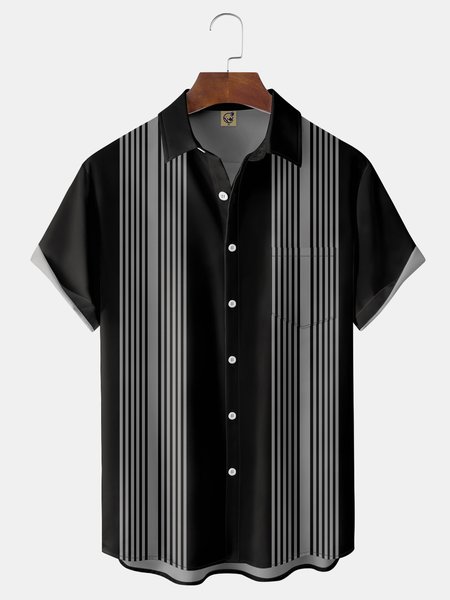 

Geometric Chest Pocket Short Sleeve Bowling Shirt, Black, Men Shirts