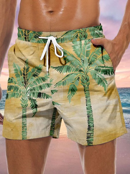 

Coconut Tree Drawstring Beach Shorts, Yellow, Men's shorts