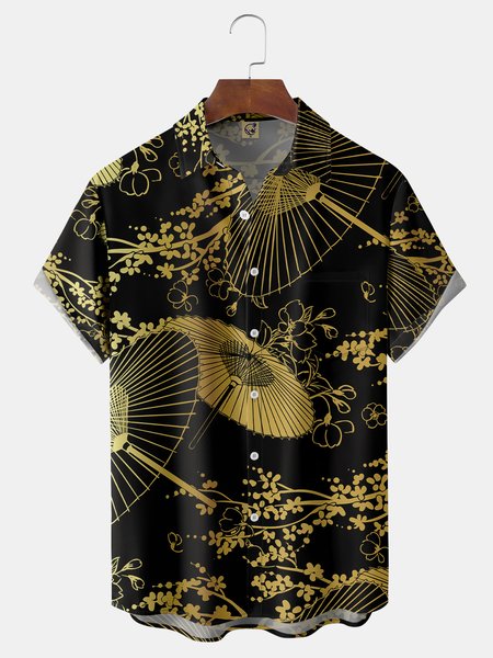 

Japanese Umbrella Chest Pocket Short Sleeve Hawaiian Shirt, Black, Men Shirts
