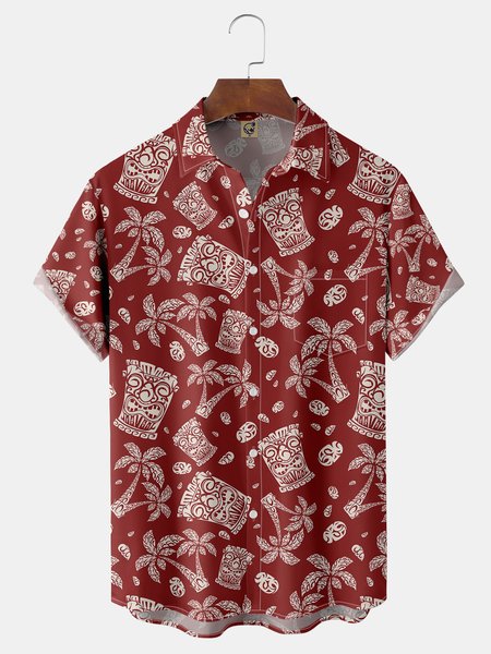 

Tiki Coconut Tree Chest Pocket Short Sleeve Hawaiian Shirt, Red, Men Shirts