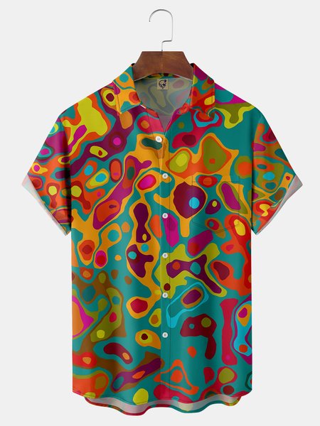 

Geometric Color Block Chest Pocket Short Sleeve Casual Shirt, Green, Men Shirts