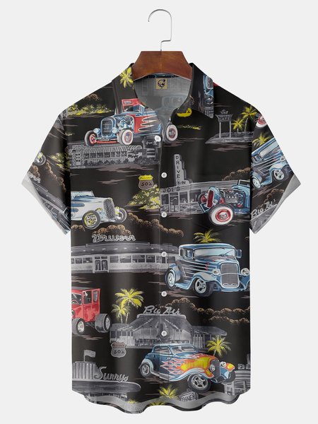 

Coconut Tree Vintage Car Chest Pocket Short Sleeve Hawaiian Shirt, Black, Men Shirts