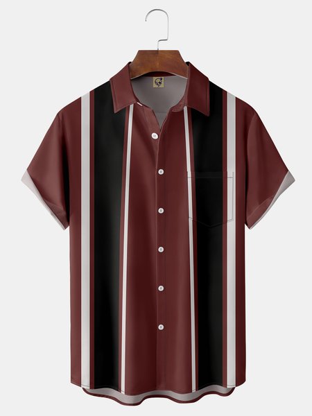 

Stripe Chest Pocket Short Sleeve Bowling Shirt, Red, Men Shirts