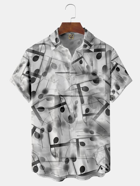 

Musical Notes Chest Pocket Short Sleeve Casual Shirt, White, Men Shirts
