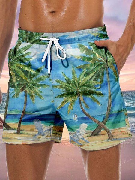 

Coconut Tree Drawstring Beach Shorts, Blue, Men's shorts