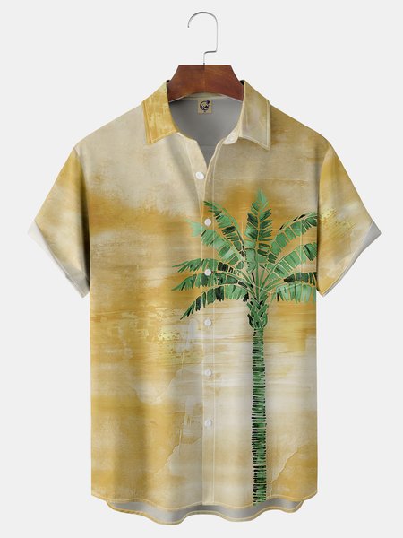 

Coconut Tree Chest Pocket Short Sleeve Hawaiian Shirt, Yellow, Men Shirts