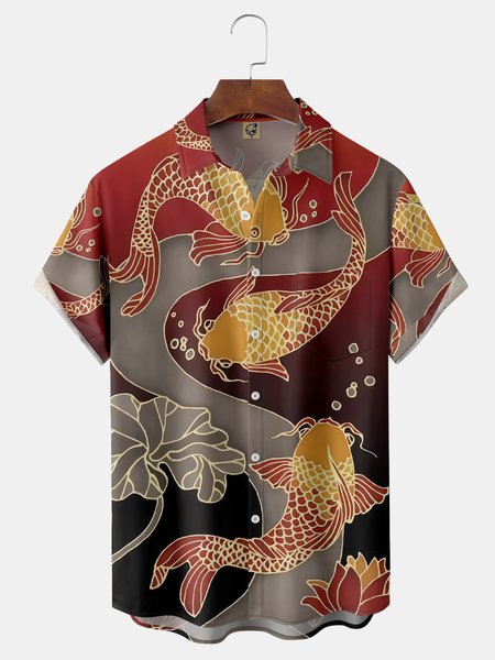 

Japanese Koi Chest Pocket Short Sleeve Hawaiian Shirt, Red, Men Shirts