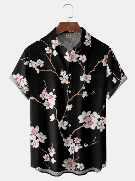 

Floral Chest Pocket Short Sleeve Shirt, Black, Men Shirts