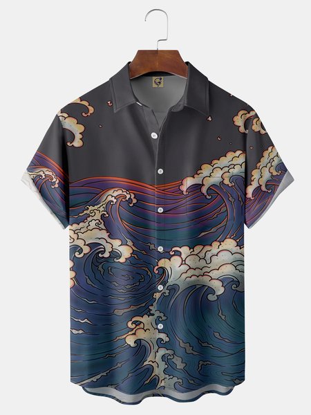 

Japanese Waves Chest Pocket Short Sleeve Shirt, Blue, Men Shirts