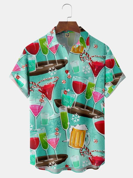 

Drink Cocktail Chest Pocket Short Sleeve Hawaiian Shirt, Green, Men Shirts