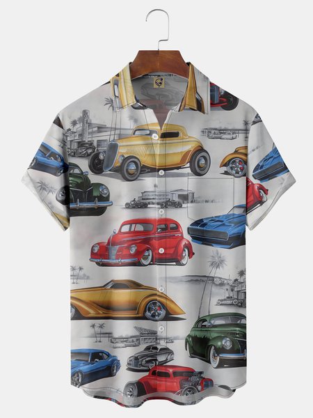 

Vintage Car Chest Pocket Short Sleeve Hawaiian Shirt, White-gray, Men Shirts