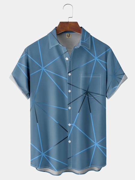 

Geometric Chest Pocket Short Sleeve Casual Shirt, Blue, Men Shirts