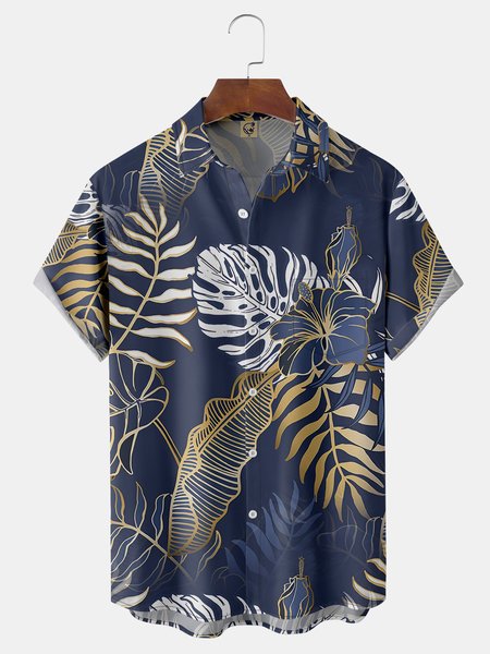 

Ombre Leaf Chest Pocket Short Sleeve Hawaiian Shirt, Deep blue, Men Shirts