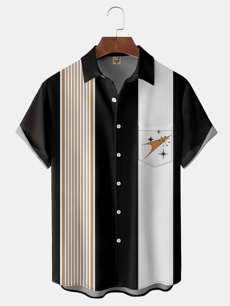 

Geometric Chest Pocket Short Sleeve Bowling Shirt, Black, Men Shirts