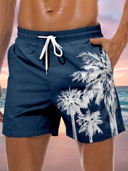

Coconut Tree Drawstring Beach Shorts, Blue, Men's shorts