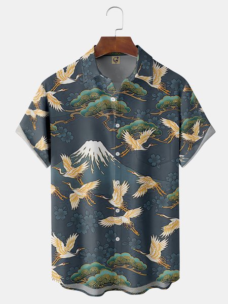 

Japanese Ukiyo-e Chest Pocket Short Sleeve Hawaiian Shirt, Navyblue, Men Shirts