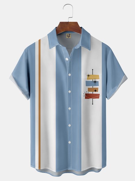 

Mid Century Geometric Chest Pocket Short Sleeve Bowling Shirt, Blue, Men Shirts