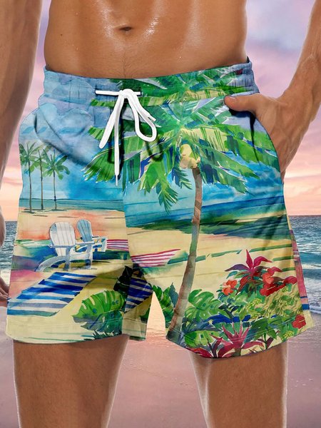 

Coconut Tree Drawstring Beach Shorts, Green, Men's shorts