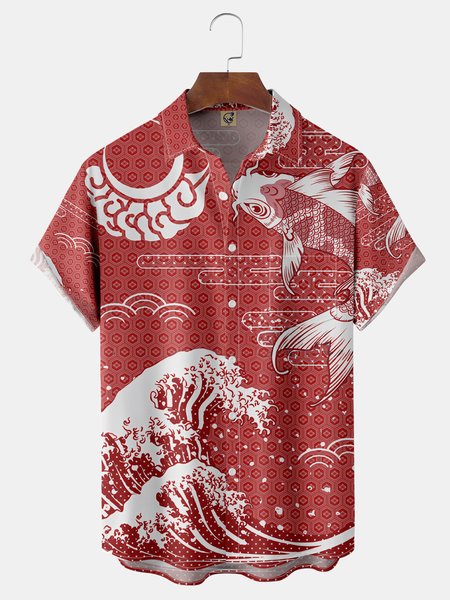 

Japanese Ukiyo-e Koi Chest Pocket Short Sleeve Hawaiian Shirt, Red, Men Shirts