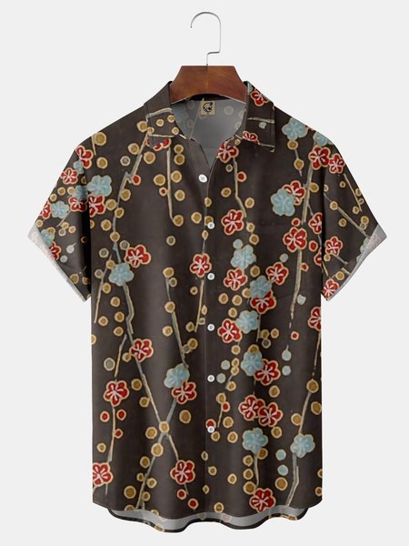 

Floral Chest Pocket Short Sleeve Shirt, Black-brown, Men Shirts