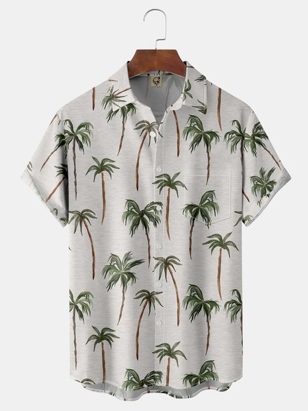 

Coconut Tree Chest Pocket Short Sleeve Hawaiian Shirt, White-gray, Men Shirts