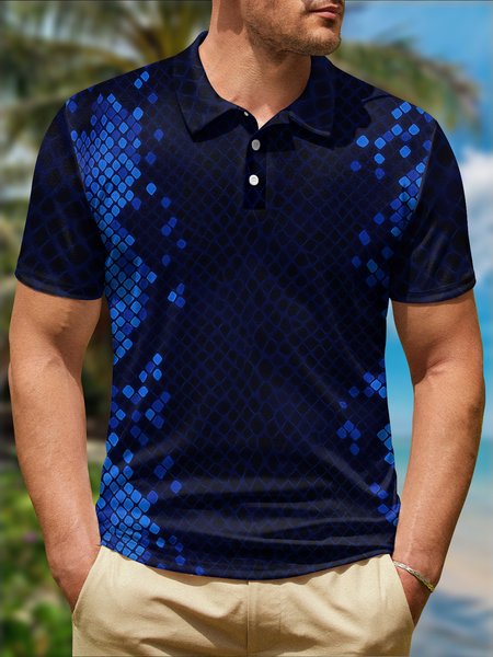 

Geometric Color Block Button Short Sleeve Polo Shirt, Deep blue, Polo Shirts