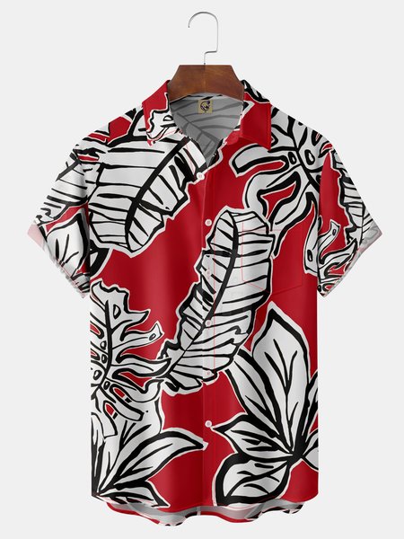 

Leaves Chest Pocket Short Sleeve Hawaiian Shirt, Red, Men Shirts