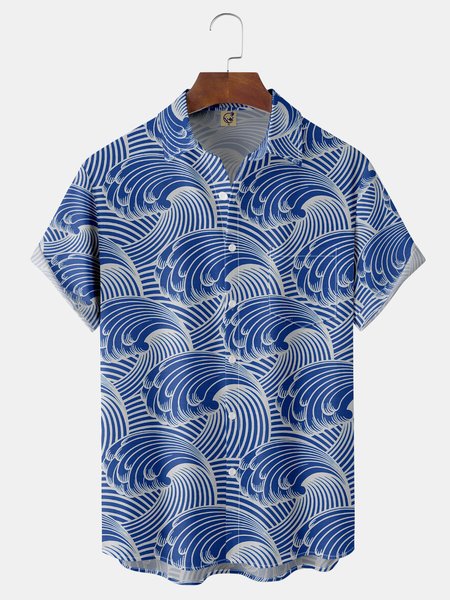 

Japanese Waves Chest Pocket Short Sleeve Hawaiian Shirt, Blue, Men Shirts