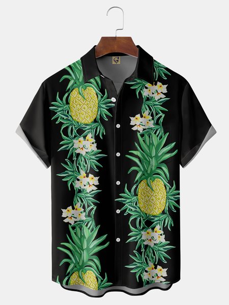 

Fruit Pineapple Chest Pocket Short Sleeve Hawaiian Shirt, Black, Men Shirts