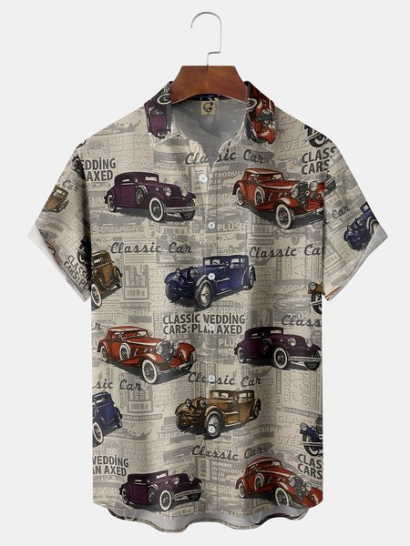 

Auto Car Chest Pocket Short Sleeve Casual Shirt, Khaki, Men Shirts